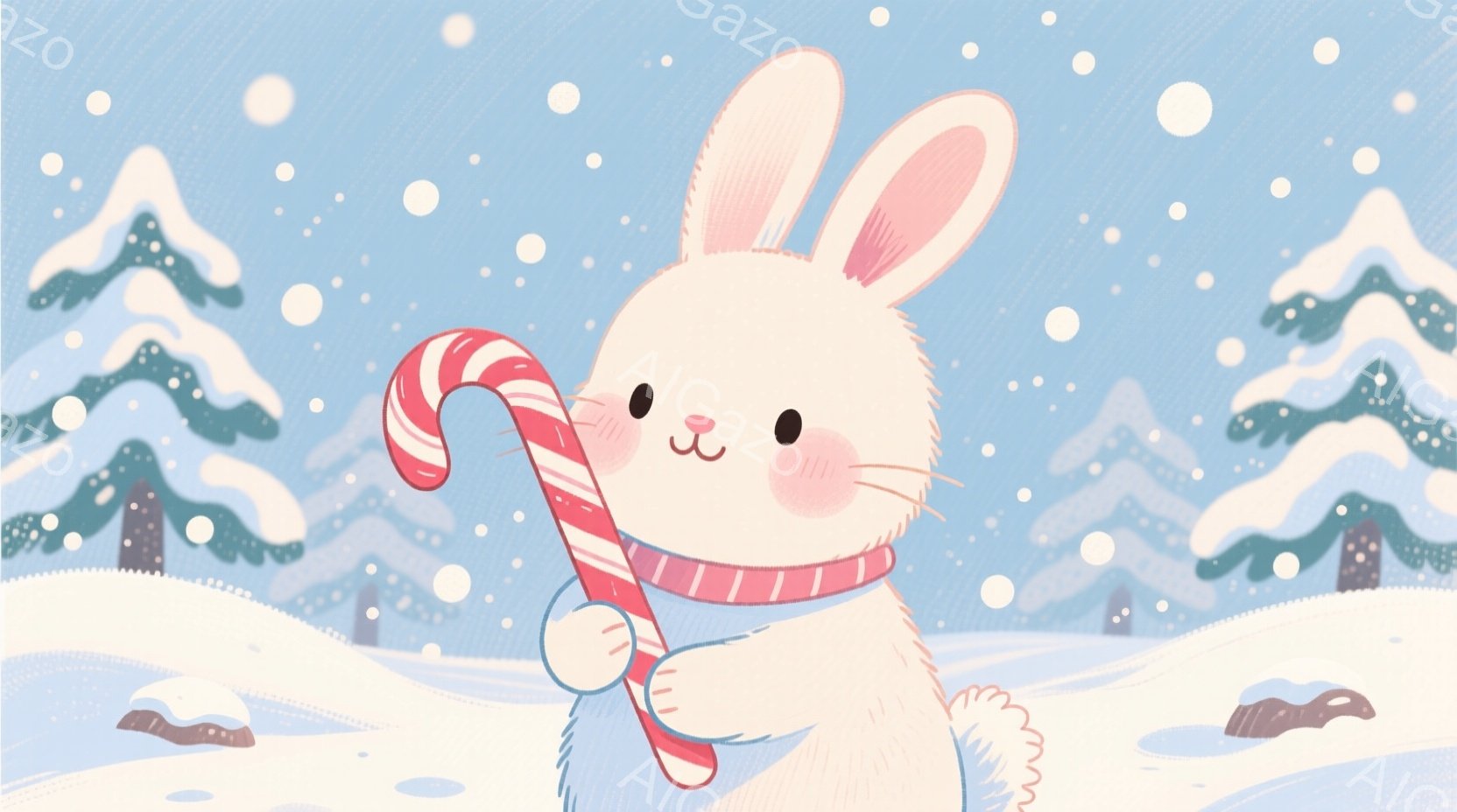 白いウサギが赤いストールを巻き、片手にキャンディケーンを持って立っています。背景には雪に覆われた松の木々が並び、雪が静かに降っています。全体的に穏やかで、冬の温かい雰囲気が漂うイラストです。