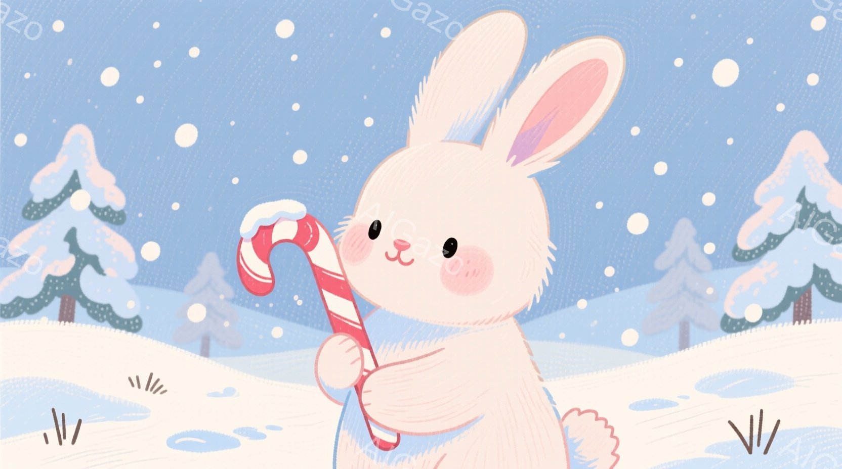 白い毛並みのウサギが、赤と白のキャンディケーンを抱えています。背景には雪景色が広がり、針葉樹の木々が点在し、雪が舞っている様子が描かれています。全体的に冬の暖かく穏やかな雰囲気が漂っています。 - AI生成フリー素材