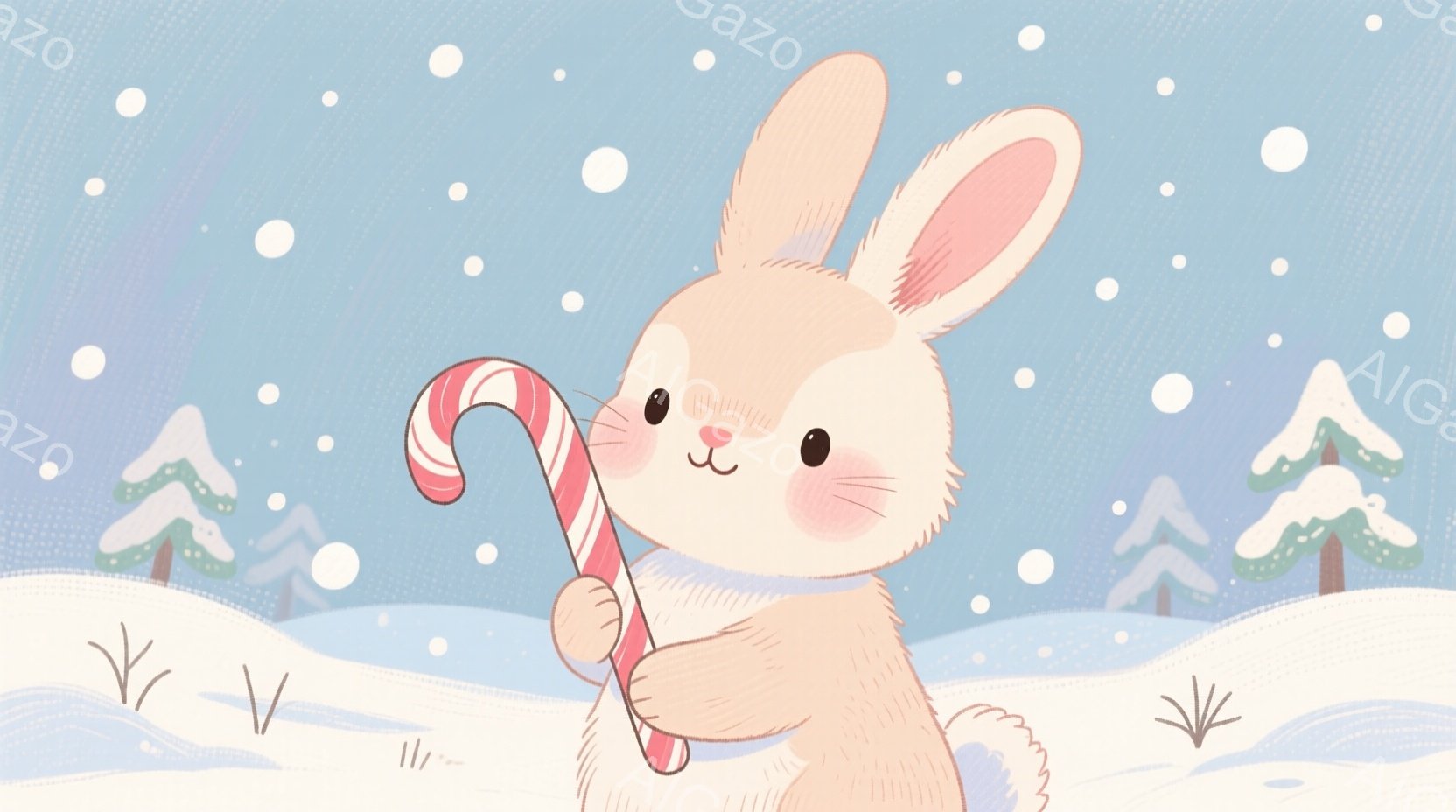 白い毛並みのウサギが、片手にキャンディケーンを持って立っています。背景には雪景色が広がり、遠くには針葉樹のシルエットが見えます。全体的に穏やかで、冬の暖かさを感じさせる可愛らしい雰囲気です。