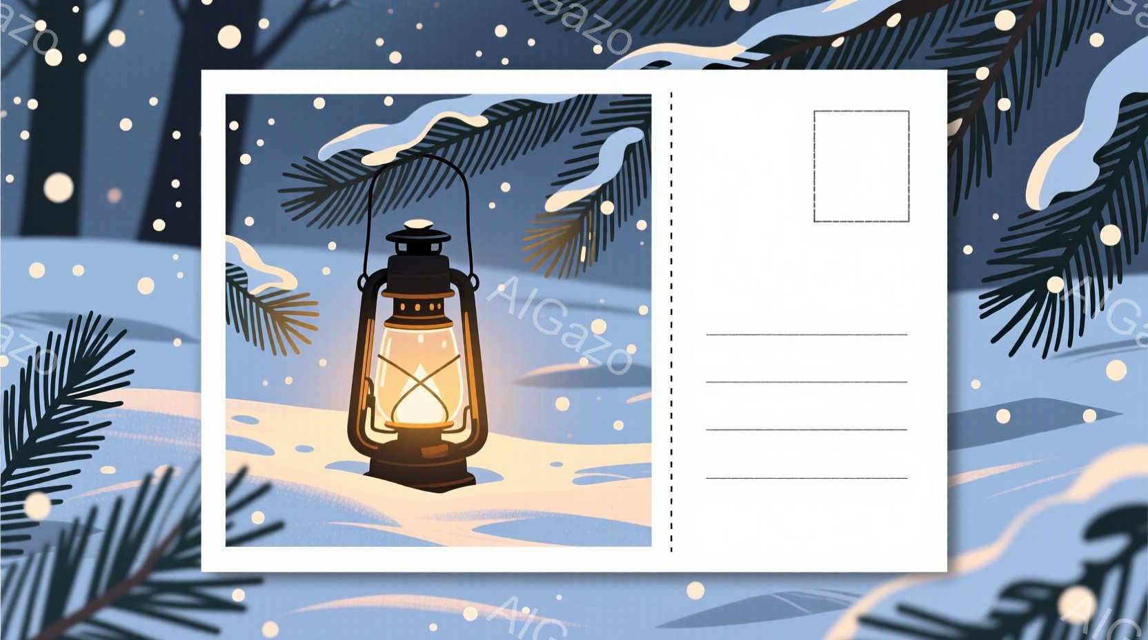 雪が降る冬の風景の中に、光を放つ古い提灯が置かれています。周囲には、暗い緑色の針葉樹が点在し、雪に覆われた地面が広がっています。全体的に静かで幻想的な雰囲気が漂い、冬の夜の穏やかな情景が表現されていま - AI生成フリー素材