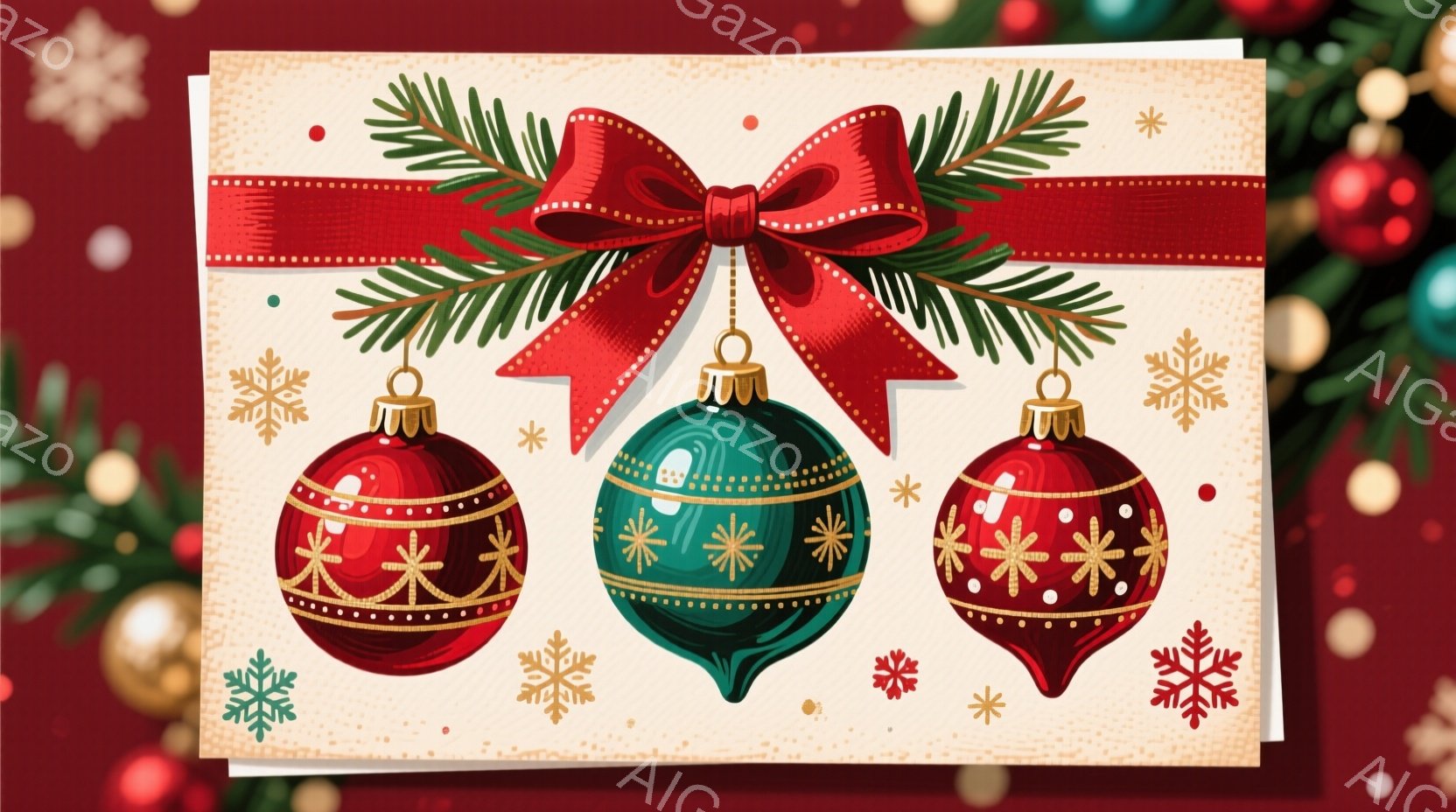 赤と緑のオーナメントが3つ、白い背景に飾られています。それぞれのオーナメントには金色の星と花のような模様が描かれており、上には赤いリボンと常緑樹の葉が飾られています。背景には雪片や小さな赤い実が散りば - AI生成フリー素材