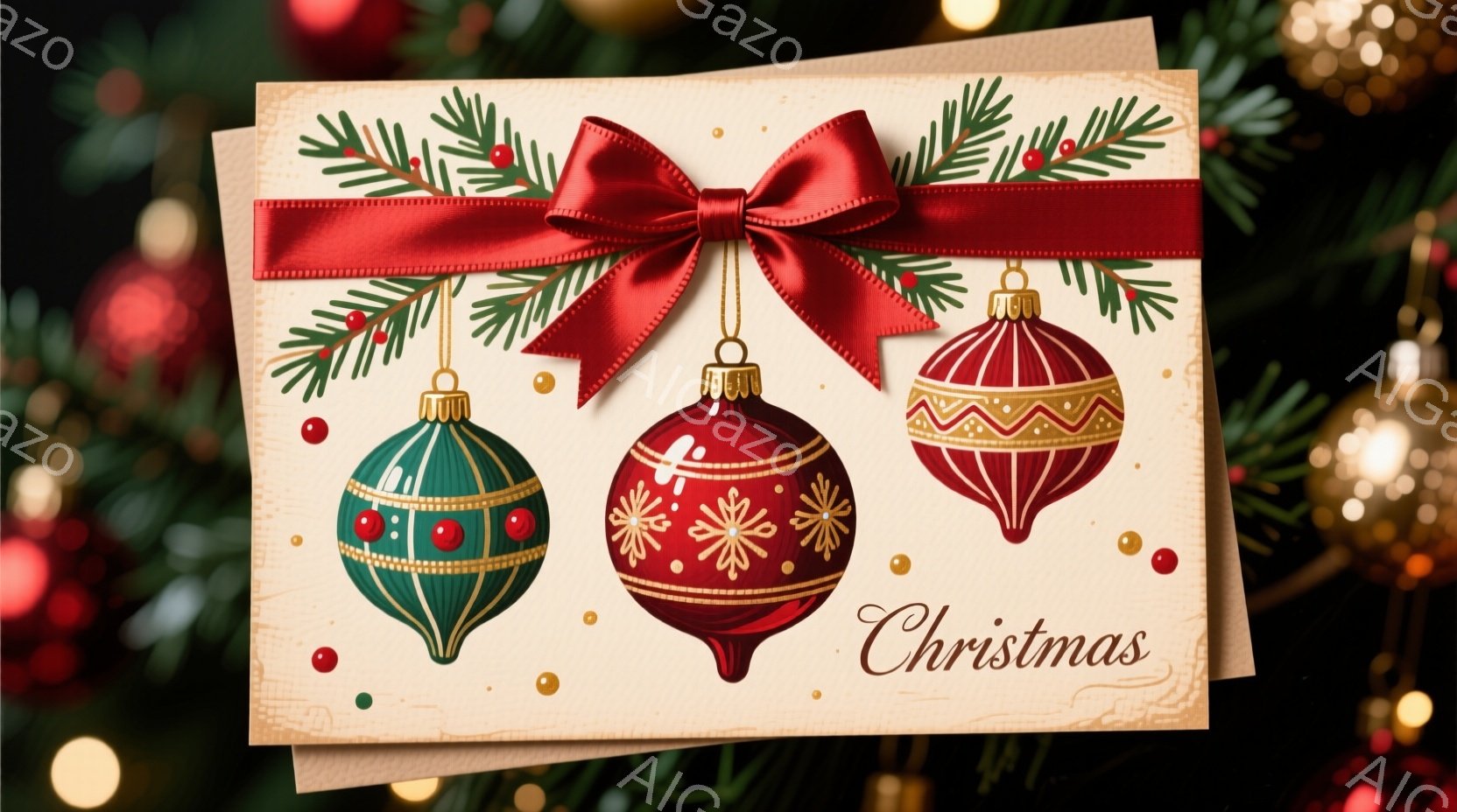 クリスマスカードには、緑、赤、赤の装飾が施された３つのオーナメントが赤いリボンで吊るされています。背景はぼやけたクリスマスツリーの光で、カードには「Christmas」と書かれたエレガントな筆記体があ - AI生成フリー素材