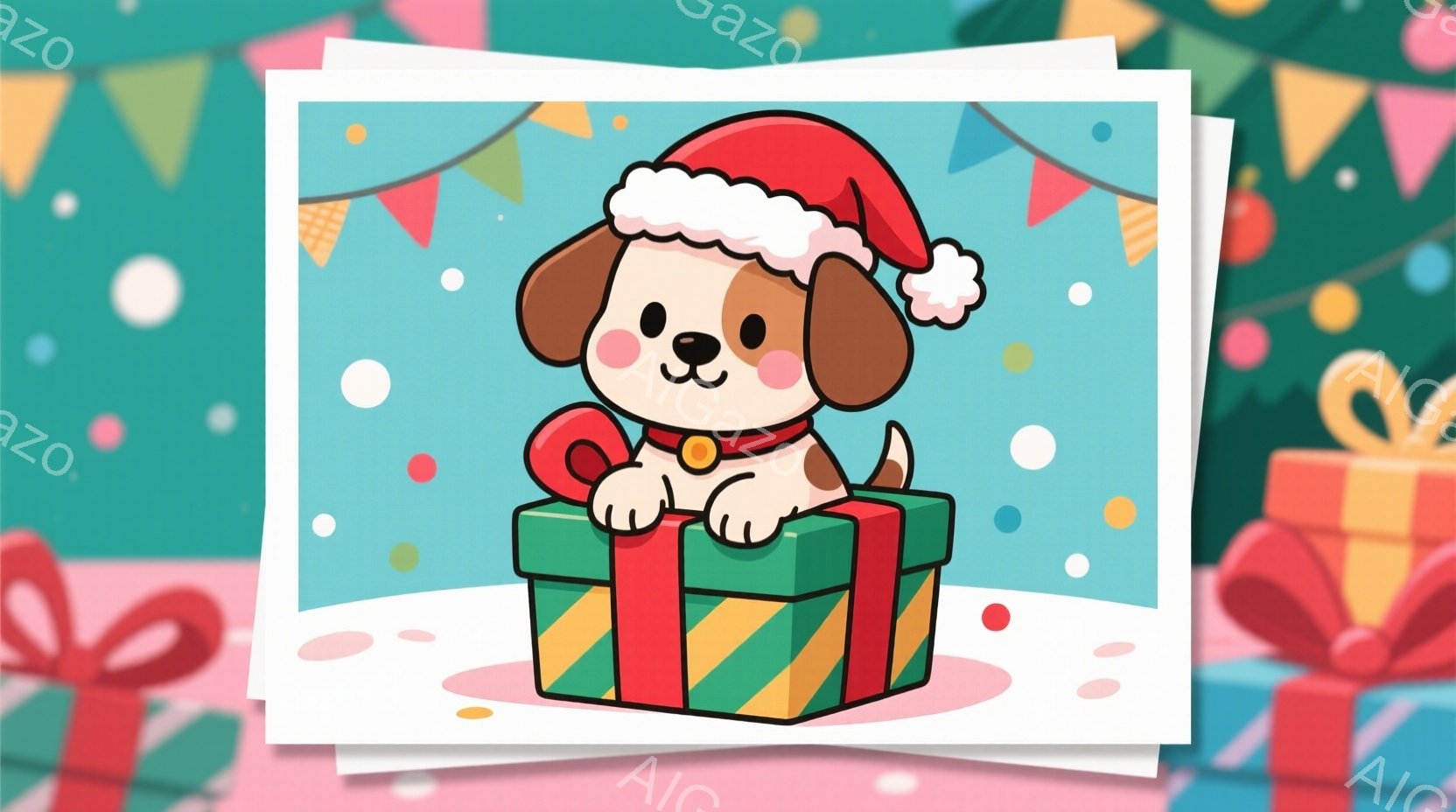 茶色と白の犬がクリスマスプレゼントの箱の上に座っており、赤いサンタ帽をかぶっています。犬は笑顔で、箱は緑と赤のストライプ模様で、金色のリボンが付いています。背景には、緑、赤、金色の旗が飾られ、白い雪が - AI生成フリー素材