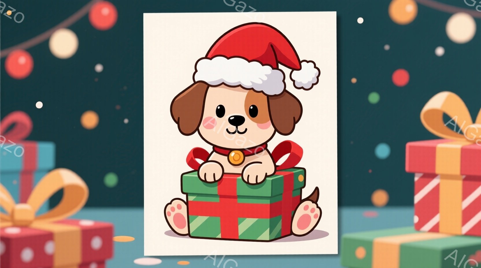暖炉の絵が描かれたプレゼントボックスの上に座っている子犬が描かれています。赤と白のサンタの帽子をかぶり、幸せそうな表情で、緑色のリボンで飾られた赤いプレゼントボックスを抱えています。背景には、様々な色 - AI生成フリー素材