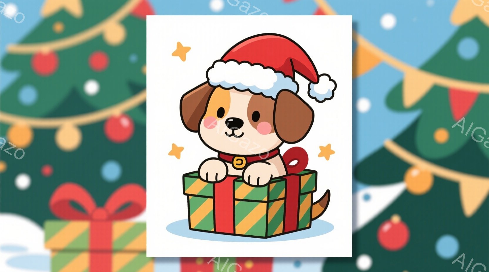 画面には、赤いサンタの帽子をかぶった茶色の犬が描かれています。犬は緑色のプレゼントボックスに寄りかかり、嬉しそうな表情をしています。背景には、クリスマスツリーと装飾が散りばめられ、全体的に温かく、お祝 - AI生成フリー素材
