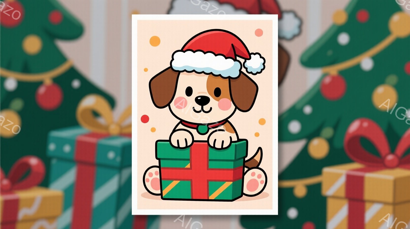 赤いサンタ帽子をかぶった茶色のパピーが描かれています。パピーは緑と赤のプレゼントの上に両手を乗せており、幸せそうに微笑んでいます。背景には、カラフルなリボンとプレゼントが積み重なり、クリスマスらしい暖 - AI生成フリー素材