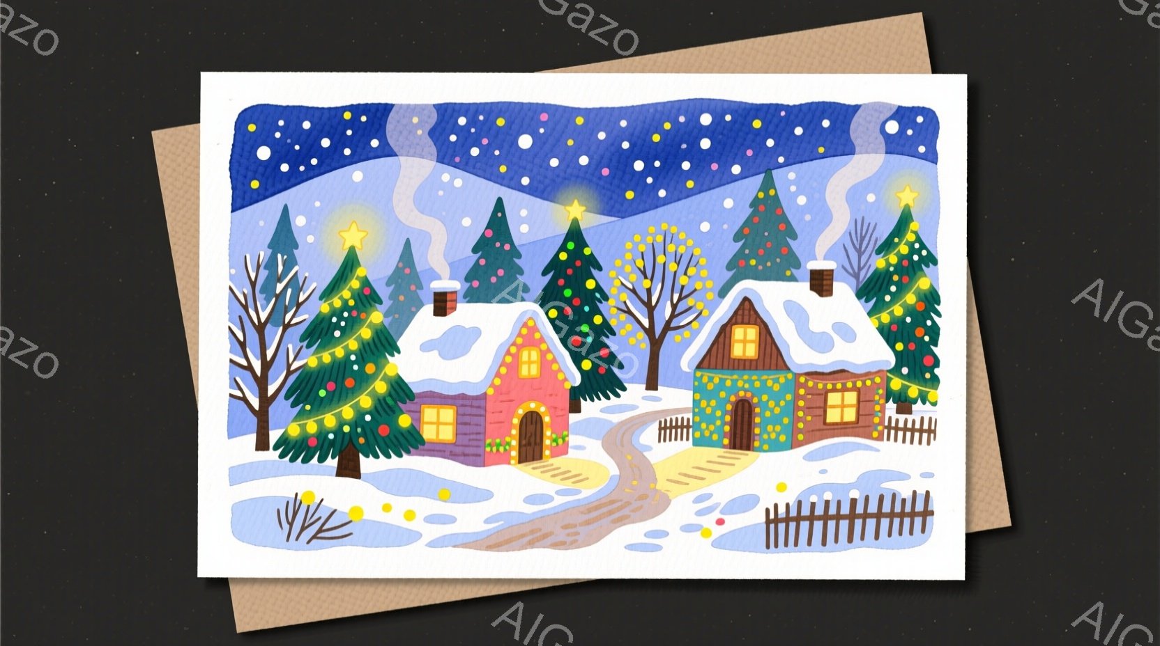 雪景色の中に、可愛らしい家々が並んでいます。家々はピンク、青、緑色で彩られ、屋根には雪が積もり、窓からは温かい光が漏れています。背景には雪に覆われた木々が立ち並び、星空が広がり、暖かく幻想的な冬の雰囲気を醸し出しています。