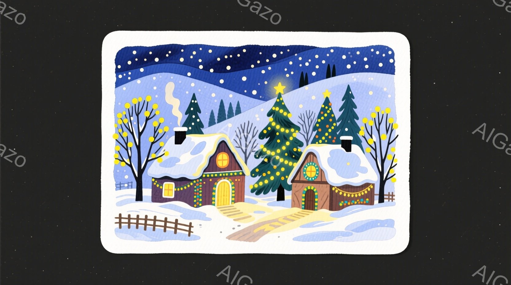 雪景色の中に、かわいらしい家々が並んでいます。家々は雪で覆われ、温かい光を放っており、クリスマスの飾り付けが施されています。背景には雪に覆われた木々が立ち並び、全体的に暖かく、穏やかなクリスマスの雰囲 - AI生成フリー素材