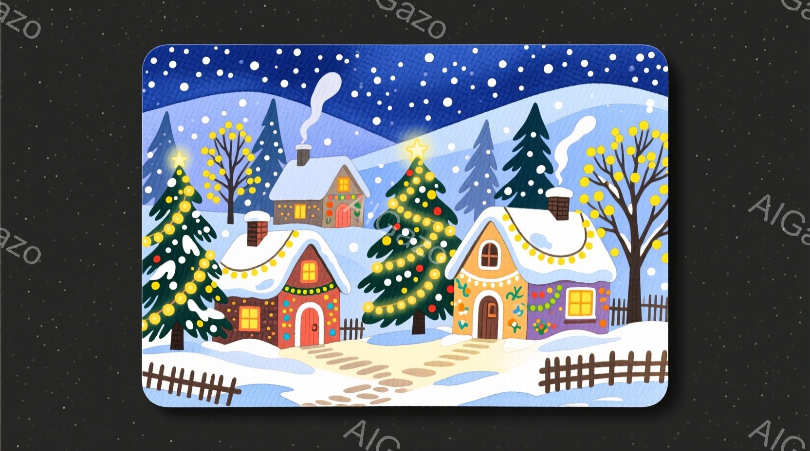 雪が降る冬の風景が描かれています。カラフルな屋根を持つ可愛らしい家々が並び、クリスマスツリーやイルミネーションで飾られています。背景には雪に覆われた木々と、煙突から立ち上る煙が見え、温かく穏やかなクリスマスの雰囲気が漂っています。