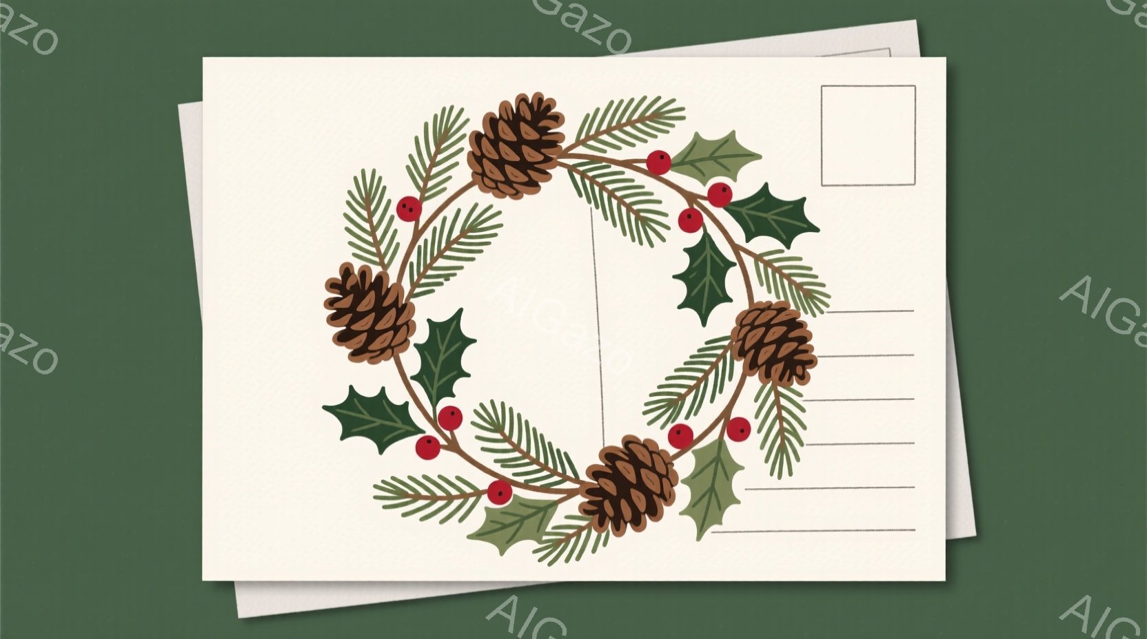 白い紙の上に、赤い実と葉、そして松ぼっくりで飾られたリースが描かれています。リースは手描き風のイラストで、背景はクリーム色です。全体的に暖かく、穏やかなクリスマスの雰囲気を醸し出しています。