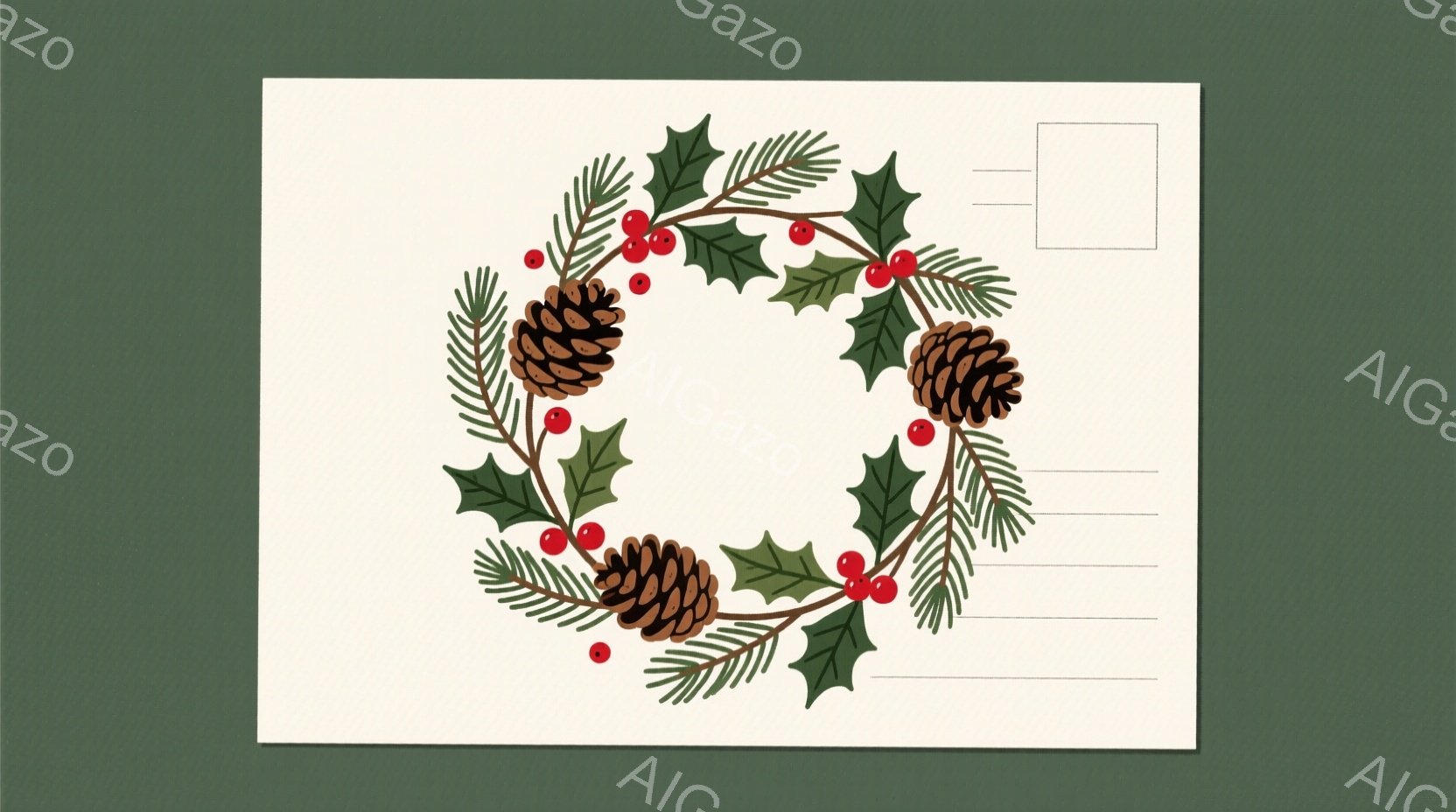 白い背景に、赤い実と緑の葉で構成されたクリスマスリースが描かれています。 リースは、いくつかの丸い茶色の松ぼっくりで飾られ、温かみのある雰囲気を作り出しています。 葉と実が均等に配置され、手描きの優しいタッチが感じられます。