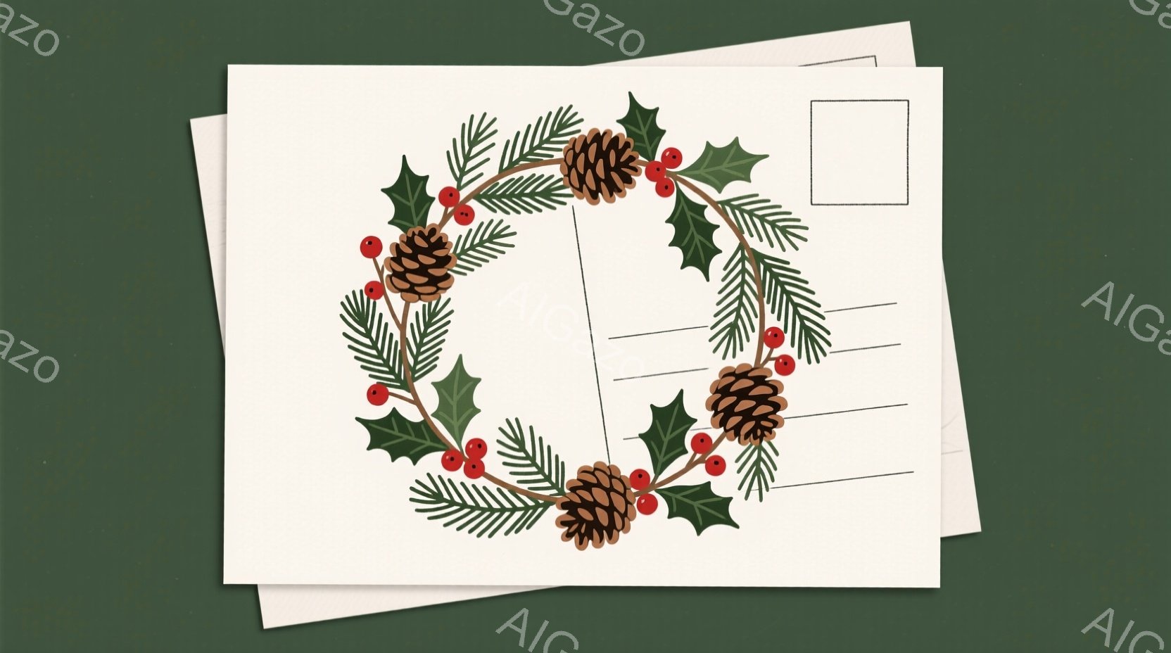 白地に、クリスマスを象徴する葉と松ぼっくりでできた円形のリースが描かれています。背景は濃い緑色で、白い便箋が二枚重ねられています。全体的にシンプルで温かみのある、クリスマスの季節感を漂わせるイメージで - AI生成フリー素材