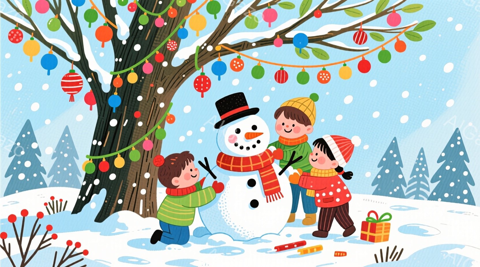 雪化粧した針葉樹の枝にとまっているフクロウが描かれています。フクロウは丸い目と鋭い嘴を持ち、鮮やかな黄色い目と茶色の羽が特徴的です。背景はぼやけたブルーで、雪が舞っており、冬の静かで穏やかな雰囲気を醸 - AI生成フリー素材