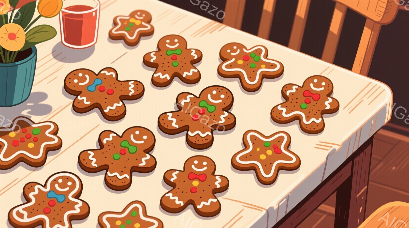 茶色いジンジャーブレッドマンのクッキーが木製のテーブルの上に並んでいます。クッキーはそれぞれ緑と赤のアイシングで装飾され、笑顔が描かれています。背景には、花が咲いた花瓶と赤い飲み物が少し見えており、温かく居心地の良い雰囲気が漂っています。
