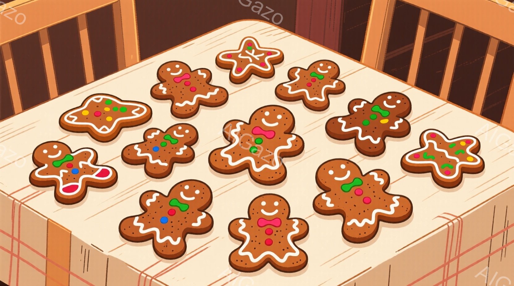 アイシングで装飾されたジンジャーブレッドマンがたくさん並んでいます。それぞれのジンジャーブレッドマンは異なる色のアイシングで飾られた結び目やボタンがあり、陽気な雰囲気です。背景は木製のテーブルで、温か - AI生成フリー素材