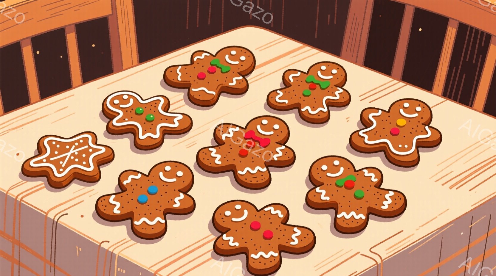 アイシングで装飾されたジンジャーブレッドクッキーが、木製のテーブルの上に並んでいます。クッキーはそれぞれ笑顔で、赤い丸い飾りが付いており、可愛らしい雰囲気です。背景は暖色系の木目調で、お菓子作りやクリ - AI生成フリー素材