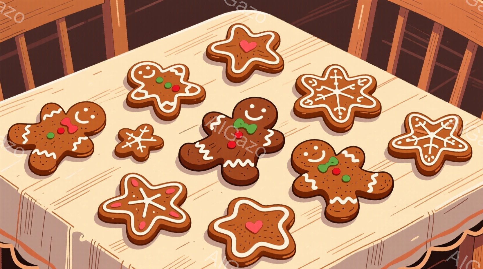 アイシングで装飾されたジンジャーブレッドクッキーが、木製のテーブルの上に並べられています。クッキーは、人間のような形や星形、雪の結晶形をしており、それぞれに異なる模様やアイシングが施されています。背景 - AI生成フリー素材