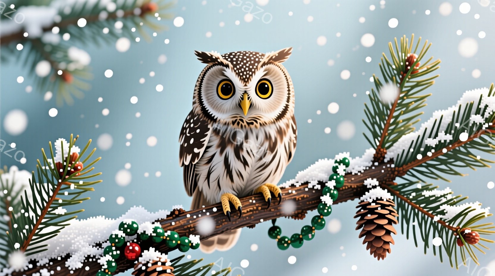 雪が舞う冬の背景に、茶色と白の模様が美しいフクロウが描かれています。フクロウは木の枝にとまり、鋭い眼差しでこちらを見つめており、その爪は枝をしっかりと掴んでいます。枝には赤い実と松ぼっくりがつき、雪が - AI生成フリー素材