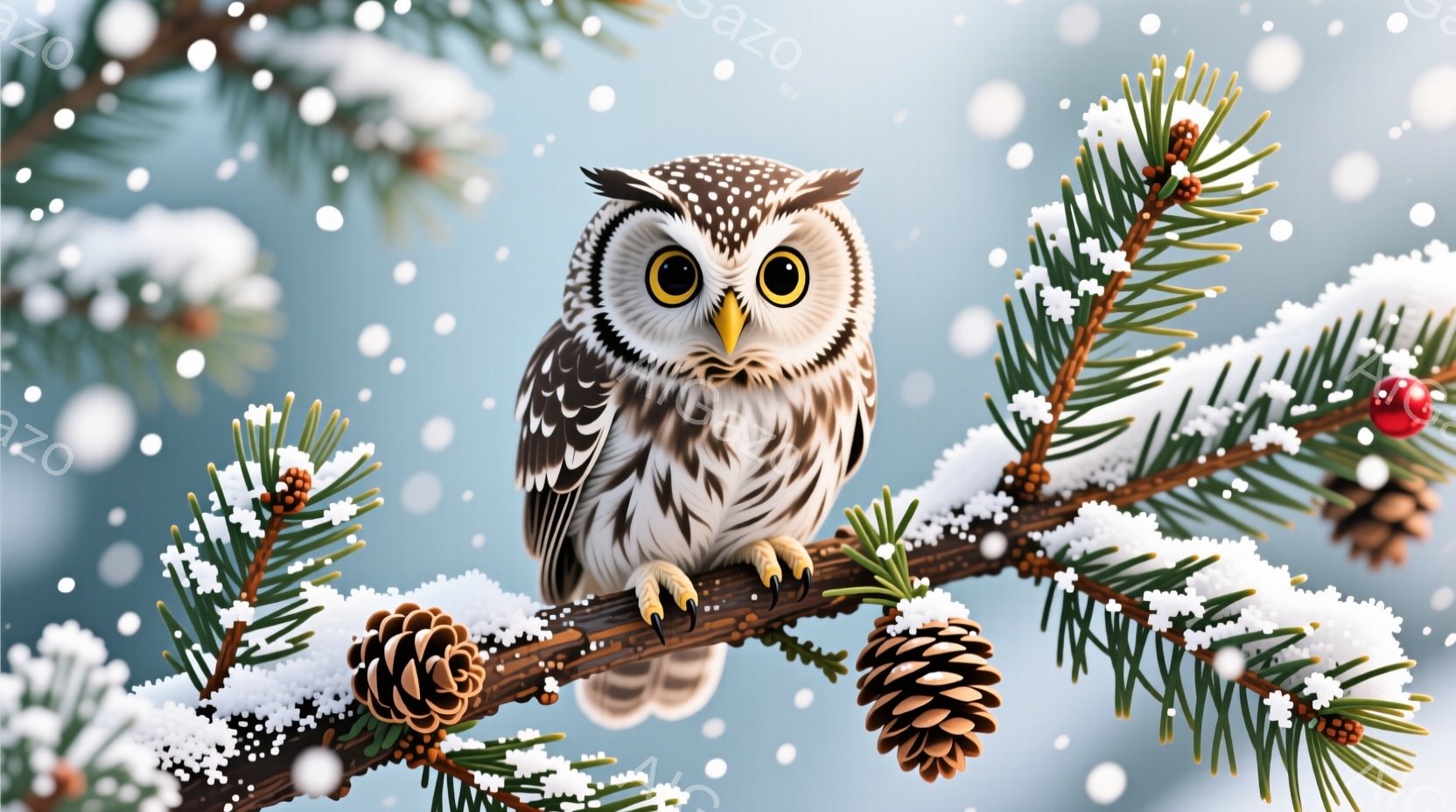 雪化粧された針葉樹の枝にとまるフクロウが描かれています。フクロウは丸い目と鋭い爪を持ち、少し前かがみの姿勢で、冬の自然の中に溶け込んでいます。背景には雪が舞い、赤い実と松ぼっくりがアクセントとなり、静 - AI生成フリー素材