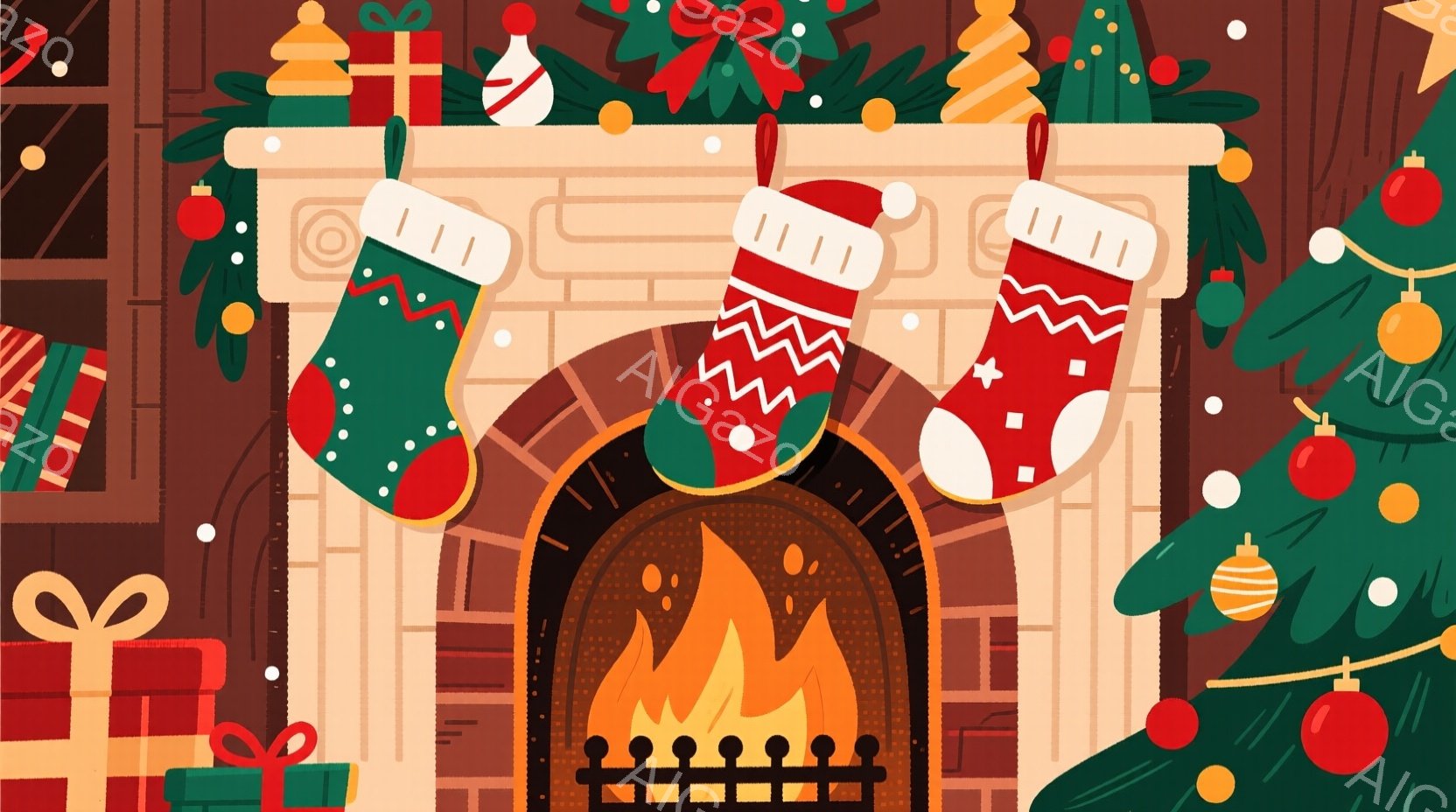 暖炉のそばに置かれたクリスマスの装飾が特徴的です。暖炉には火が燃えており、赤いクリスマスソックスが2つぶら下がっています。背景には、プレゼントの山と、オーナメントで飾られたクリスマスツリーがあり、温か - AI生成フリー素材
