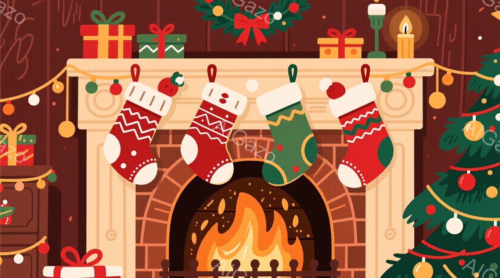 暖炉の前にクリスマスの飾り付けが施されています。赤い縞模様と緑色のクリスマスストッキングが暖炉の上のマントルピースに掛けられ、プレゼントやキャンドル、クリスマスリースで飾られています。暖炉の中には炎が燃え盛り、温かく心地よいクリスマスの雰囲気を醸し出しています。
