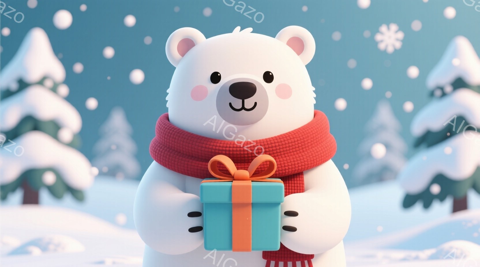 白いホッキョクグマがターコイズブルーのプレゼントを両手で抱えています。赤い編み物のマフラーを巻き、頬はほんのり赤く染まっています。背景には雪景色が広がり、雪に覆われた針葉樹が点在し、雪が舞い散る冬の温かく可愛らしい雰囲気を醸し出しています。