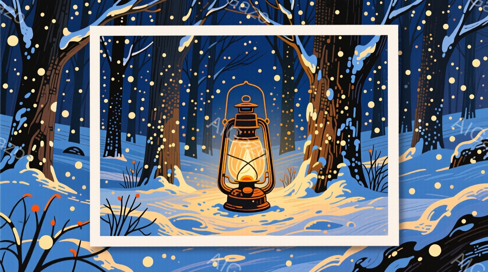 雪が降り積もる森の中で、暖かく光るランタンが置かれている風景です。周りには雪に覆われた低木や草が生え、背景にはうっそうと茂った木々がシルエットとなって描かれています。全体的に静かで幻想的な冬の雰囲気が - AI生成フリー素材