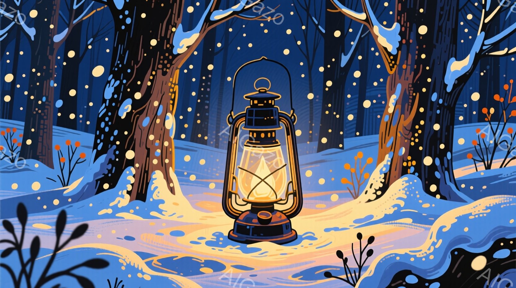 雪に覆われた森の中で、明るく光るランタンが中央に配置されている。周囲の木々は冬の寒さで葉を落とし、雪に覆われているが、ランタンの光が雪原を照らし、暖かく幻想的な雰囲気を醸し出している。全体的に静かで穏 - AI生成フリー素材
