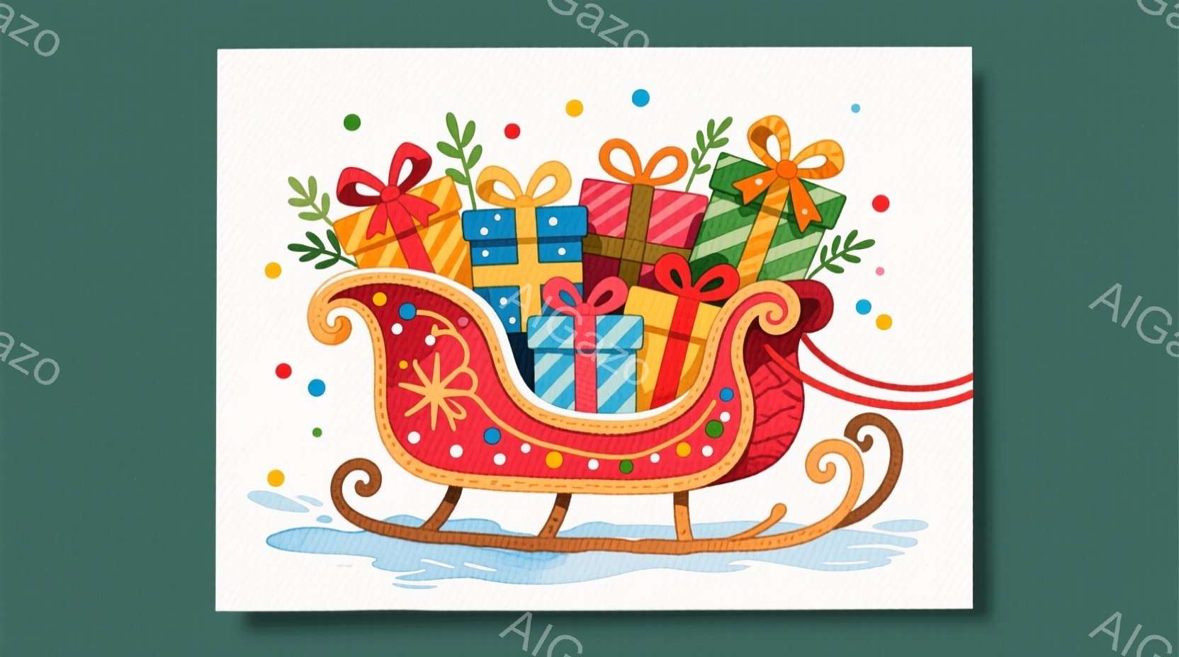 赤いそりはプレゼントの山でいっぱいになり、緑と金色のリボンで飾られています。背景には水色の雪の表現があり、赤、緑、黄色の小さな水玉模様が散りばめられています。全体として、暖かくお祝いの雰囲気で、クリス - AI生成フリー素材