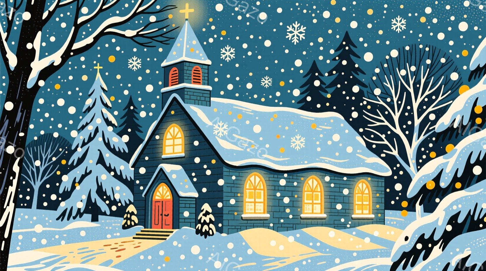 雪が降り積もる冬の夜、石造りの教会が温かい光を放っている。教会の屋根は雪で覆われ、ステンドグラスから漏れる光が辺りを照らしている。背景には雪に覆われた木々が立ち並び、静かで幻想的な冬の雰囲気を醸し出している。