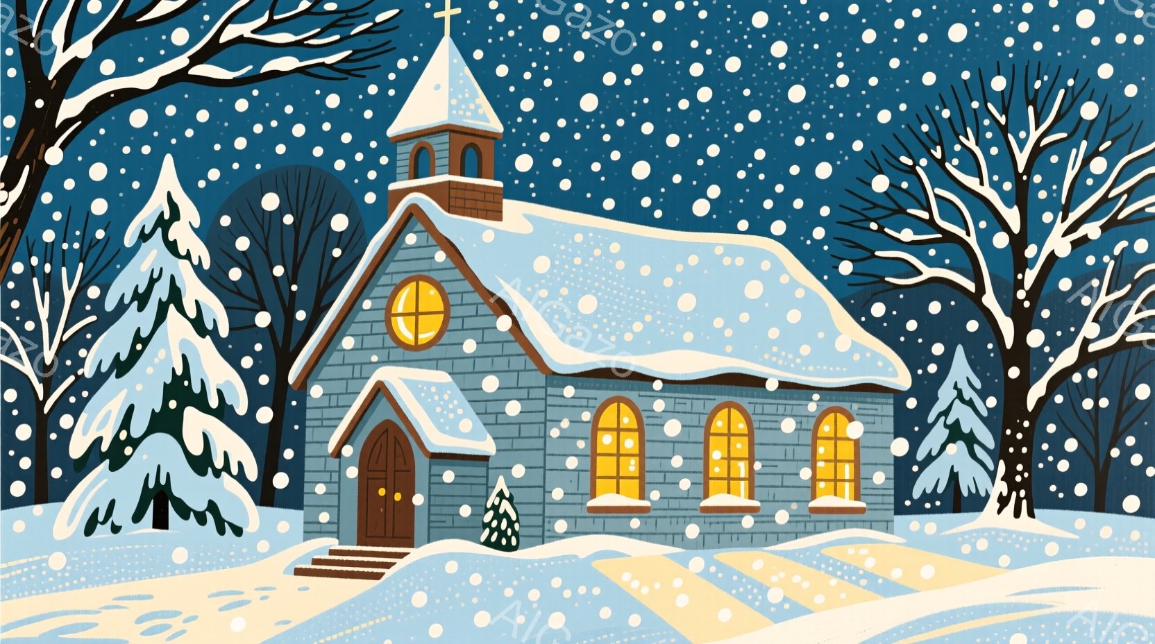 雪が降り積もる中、石造りの小さな教会が穏やかに佇んでいます。窓からは温かい光が漏れ出し、雪景色の中で暖かな雰囲気を醸し出しています。教会の周りには雪に覆われた木々が生い茂り、静かで平和な冬の風景を作り出しています。