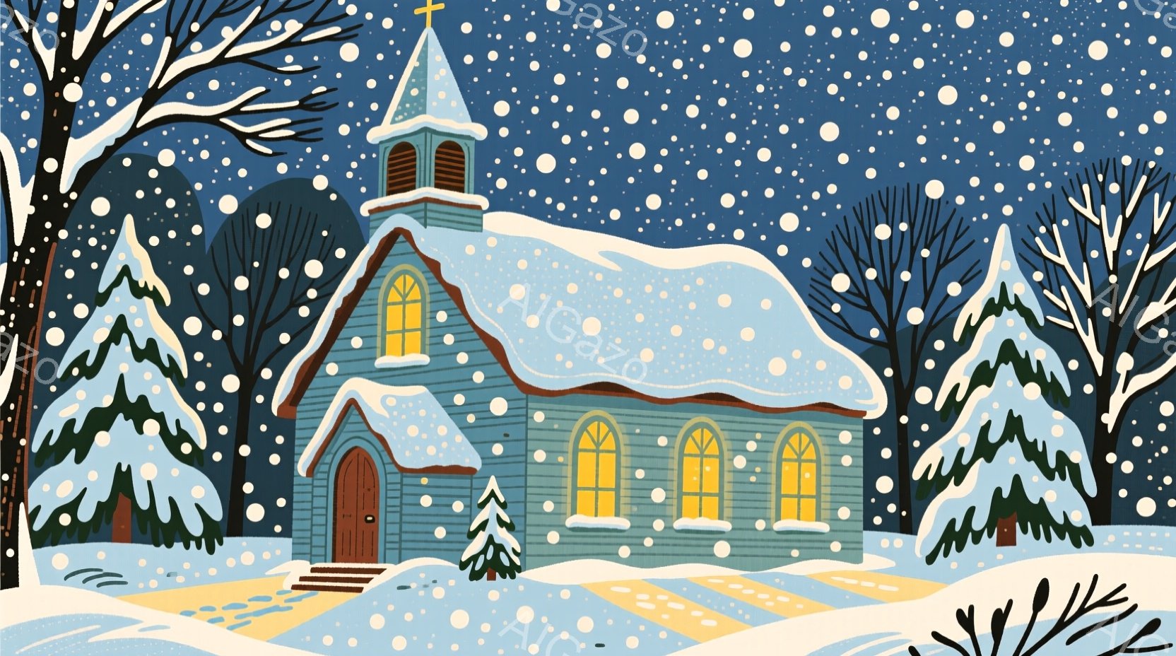 雪が降り積もる中、青い教会が暖かな光を放っている。屋根には雪が厚く積もり、窓から漏れる光が雪景色を照らし出す。背景には雪をまとった木々が立ち並び、静かで穏やかな冬の雰囲気を醸し出している。 - AI生成フリー素材