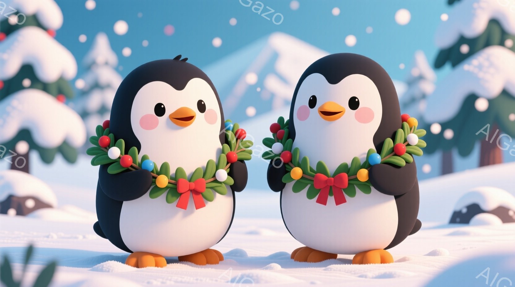 ２羽のペンギンが雪の上に立っており、それぞれ首に赤いリボンと緑の葉っぱで作られたクリスマスリースを巻いています。ペンギンは丸みを帯びたフォルムで、頬が赤く、明るい笑顔を浮かべており、可愛らしい印象を与 - AI生成フリー素材