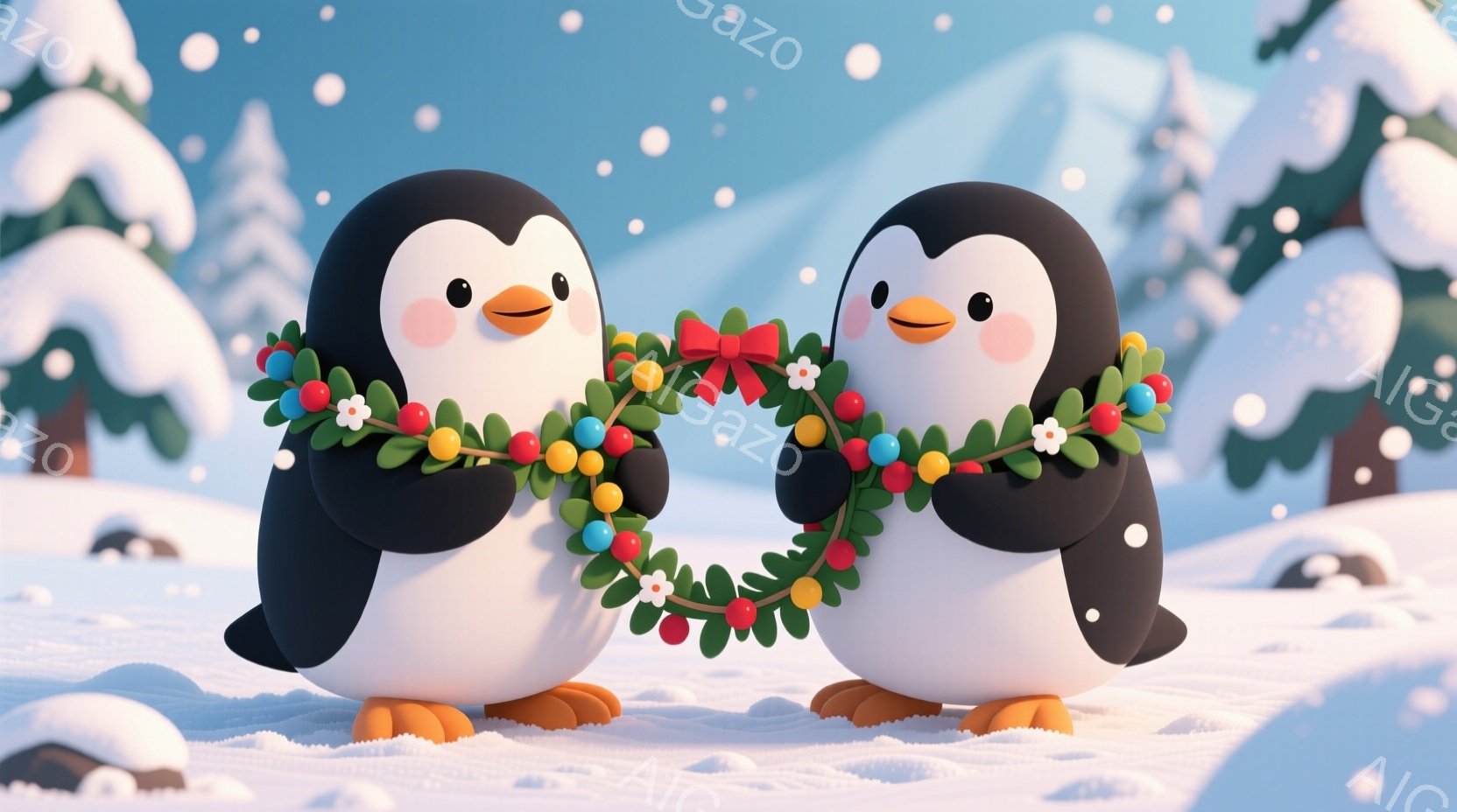 2羽のペンギンが雪景色の中で、赤いリボンで飾られた緑のリースを繋いで持っています。ペンギンたちは丸みを帯びた可愛らしいフォルムで、頬はほんのり赤く、明るい笑顔を浮かべています。背景には雪に覆われた木々が描かれており、全体的に温かく、お祝いムードに満ちた雰囲気が漂っています。