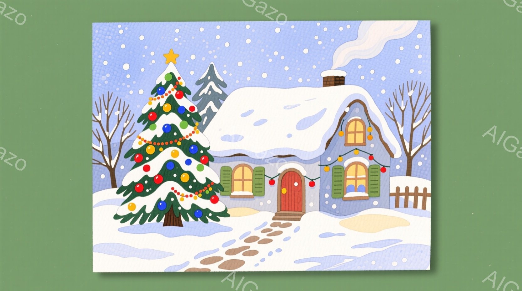 雪が降り積もる冬の風景が描かれています。青い屋根の可愛らしい家と、色とりどりのオーナメントで飾られたクリスマスツリーが印象的です。遠くには雪に覆われた木々が見え、暖炉から立ち上る煙が家の中の暖かさを暗示しています。