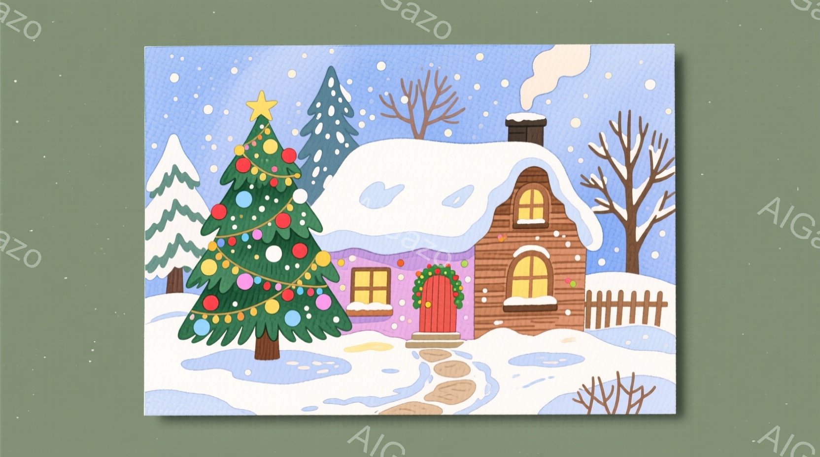 雪景色の中に、クリスマスツリーが飾られた可愛らしい家が描かれています。家は茶色い木造で、赤いドアと窓枠が特徴的で、屋根には雪が積もり、煙突から煙が上がっています。雪に覆われた庭には、石畳の道があり、背景には雪に覆われた木々が描かれ、温かく穏やかなクリスマスの雰囲気が漂っています。