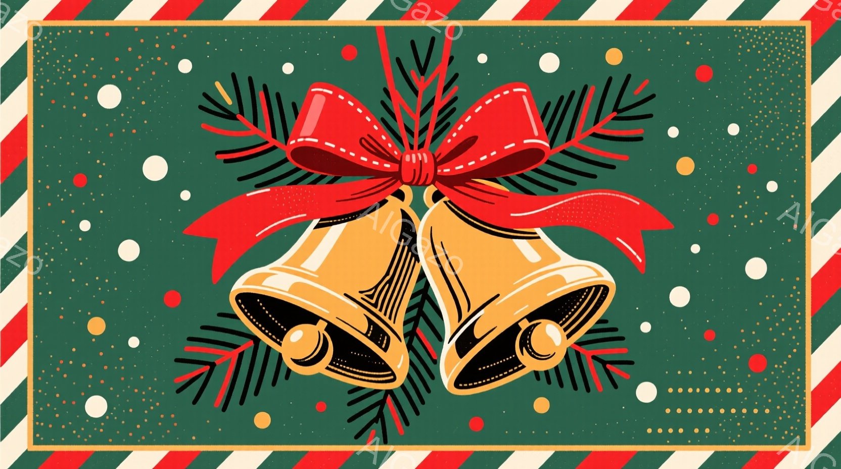 深緑色の背景に、金色の鐘が2つ、赤いリボンと常緑樹の葉で飾られて描かれています。鐘は光沢があり、葉とリボンは立体的な表現で、全体的にクリスマスの装飾を想起させる華やかな雰囲気です。背景には、大小様々な - AI生成フリー素材