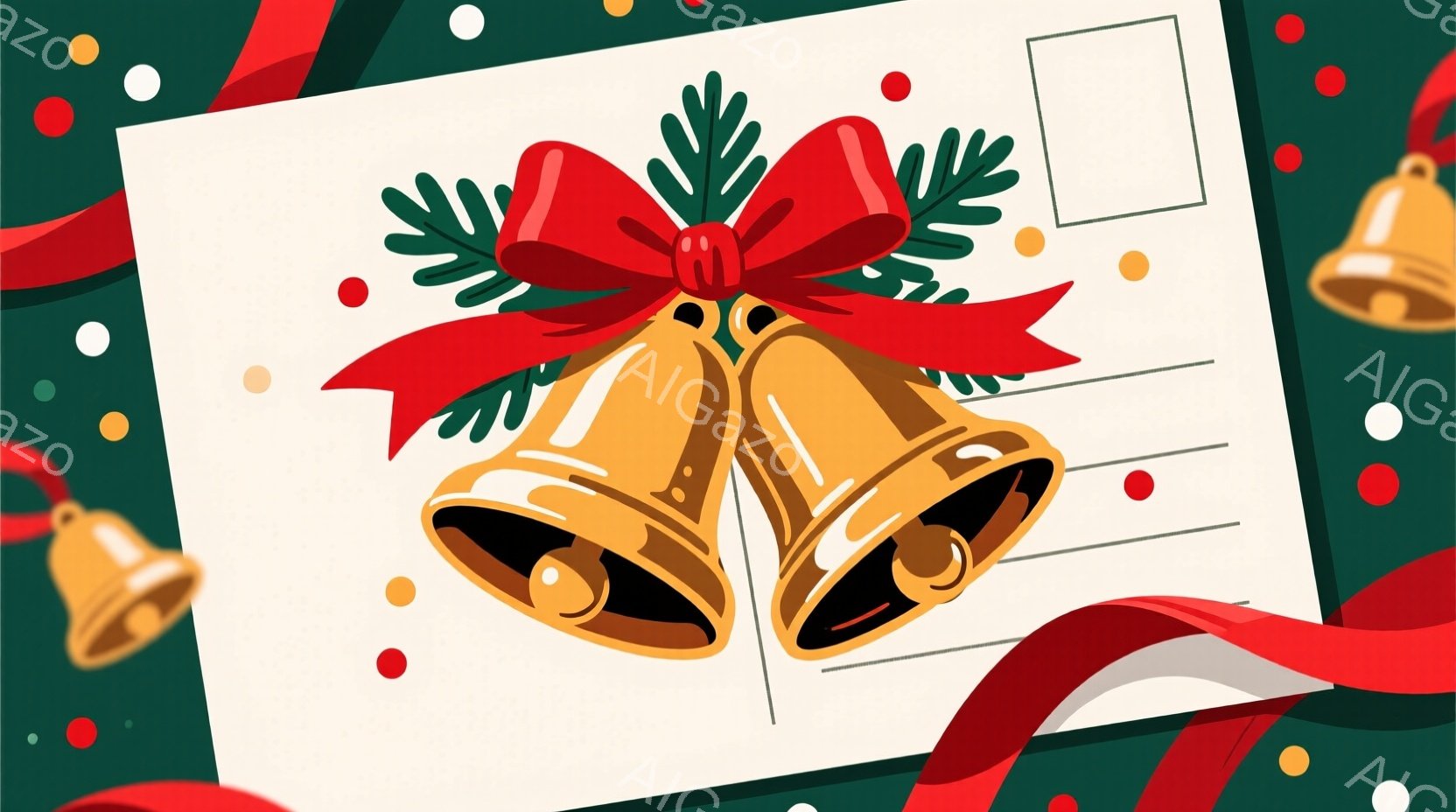深緑色の背景に、白い便箋が配置され、その上に金色の鐘が2つ、赤いリボンと葉っぱで飾られて描かれています。鐘は正面を向き、リボンと葉っぱが鐘の上部を飾り、華やかな印象を与えます。背景には、赤い、オレンジ、黄色、白の小さな円が散りばめられ、お祭りや祝賀の雰囲気を醸し出しています。