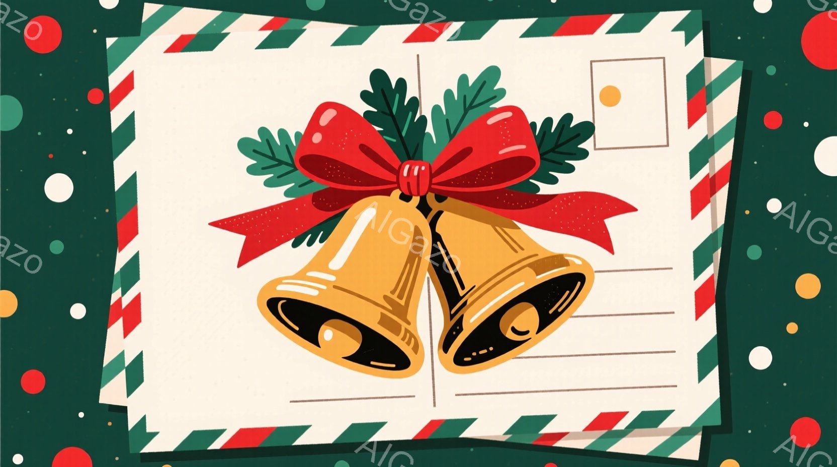 明るい背景に、クリスマスの装飾が施された便箋が描かれています。便箋の中央には、赤いリボンと葉で飾られた2つの金色のベルが配置され、華やかさを演出しています。周囲には、赤、緑、黄色の水玉模様が散りばめられ、お祝いの雰囲気を高めています。