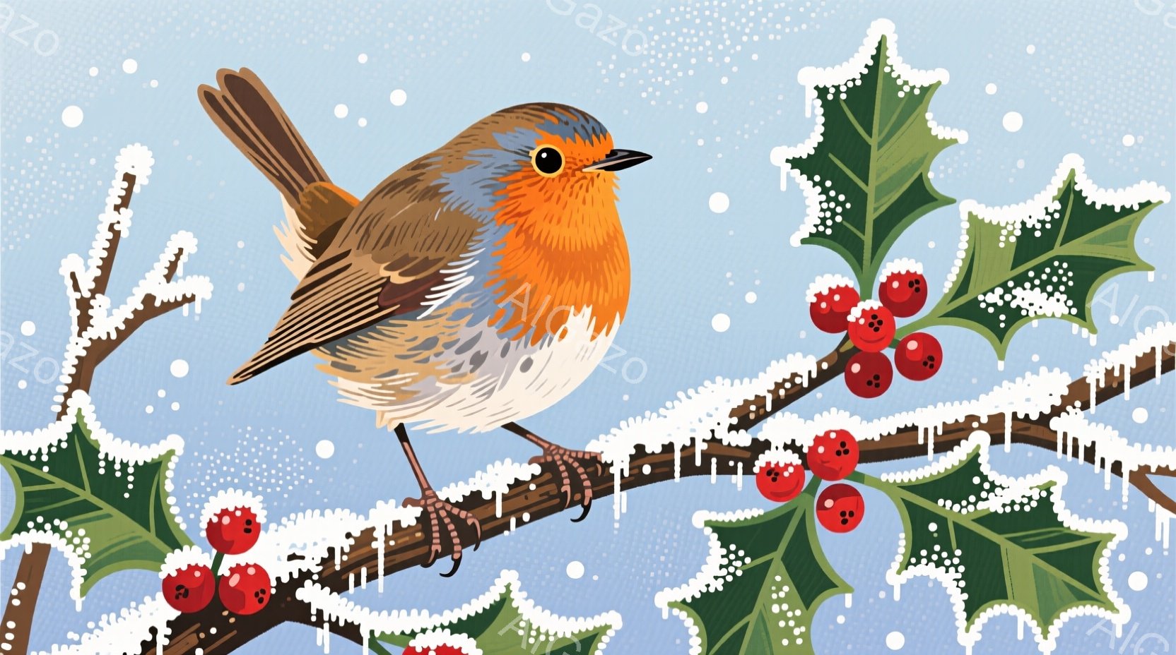 冬の風景が描かれたイラストで、赤い胸を持つ冬鳥（おそらくコマドリ）が雪の積もった枝に止まっています。背景には、赤い実のついた葉っぱと、雪が舞う淡い青色の空が広がっています。全体的に、暖かく穏やかな冬の雰囲気が漂っています。