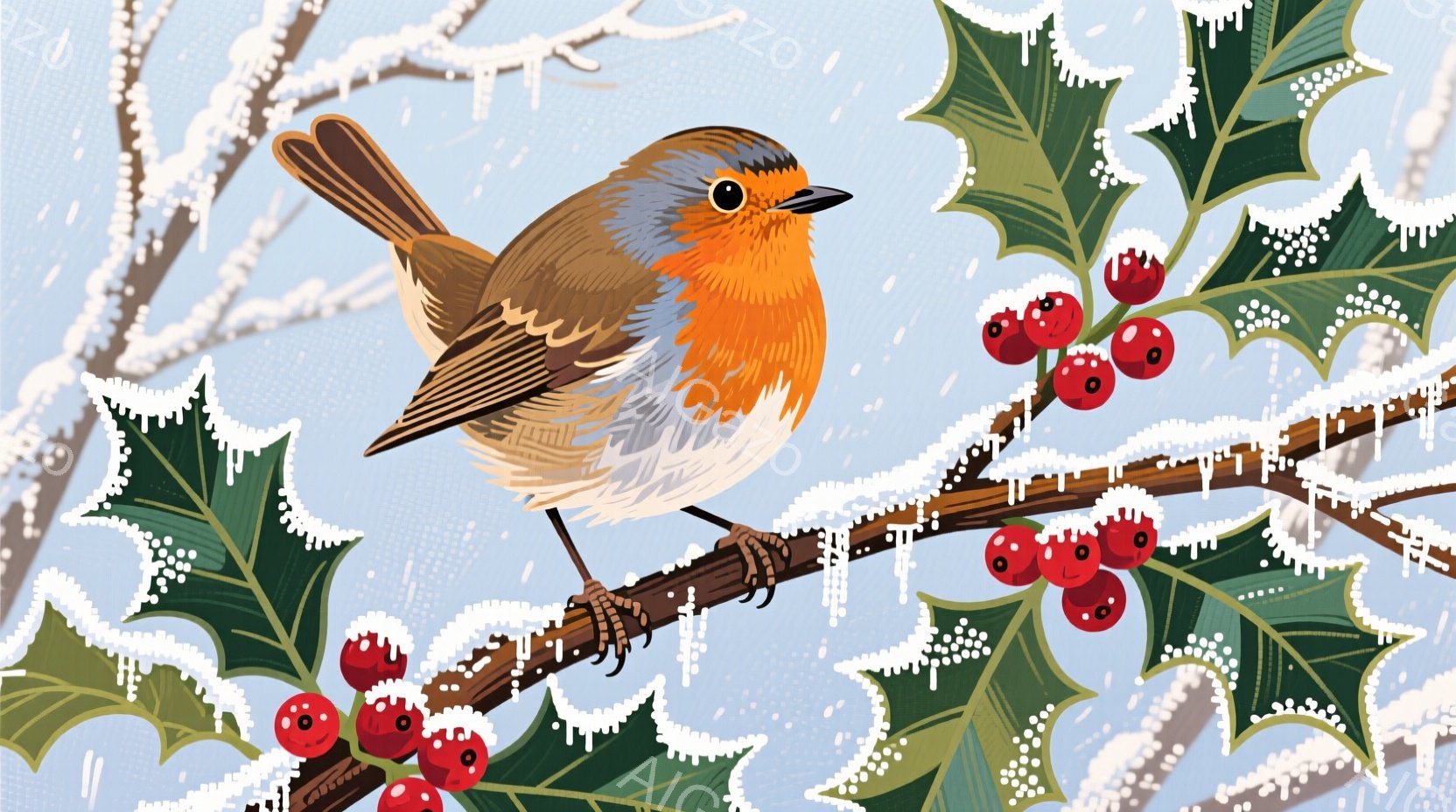 鮮やかな赤色の胸を持つヒヨドリが、赤い実のついたホーリーの枝にとまっています。枝は白い霜で覆われ、背景には雪が舞う冬の風景が広がっています。全体的に、クリスマスの静かで穏やかな雰囲気を醸し出しています - AI生成フリー素材