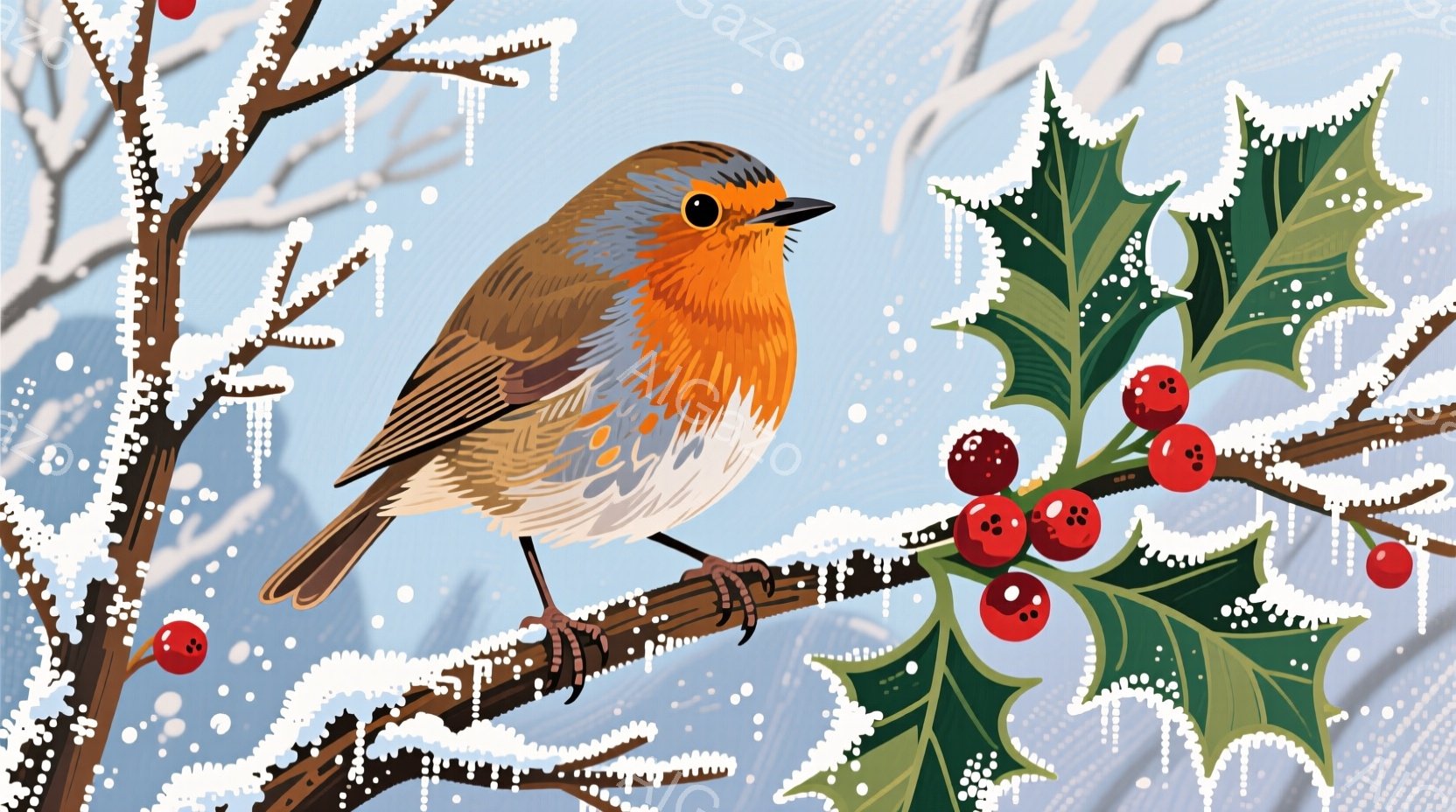 冬の枝に、赤い胸を持つ可愛らしい鳥がとまっています。背景には、赤い実のついた柊の葉と、雪や氷の結晶が覆う枝が描かれ、冬の静かで幻想的な雰囲気を醸し出しています。鳥は少し横を向き、穏やかな表情で冬景色を - AI生成フリー素材