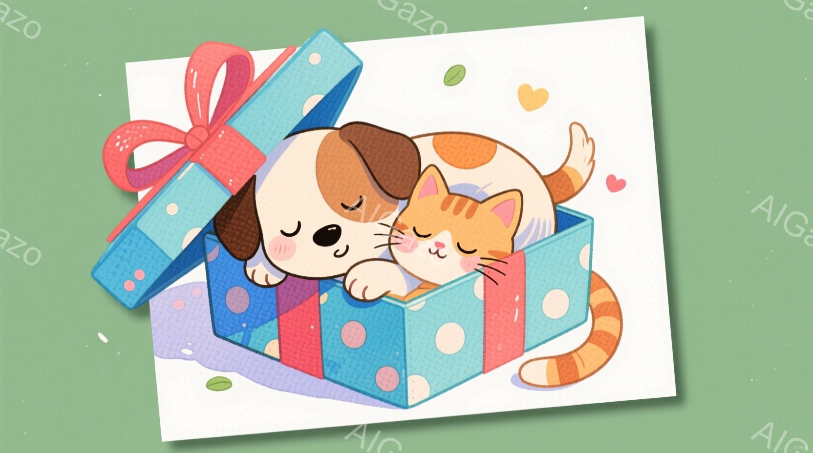 明るい水色のギフトボックスの中に、オレンジ色の縞模様の猫と茶色の斑点模様の犬が寄り添って眠っています。二匹とも目を閉じて穏やかな表情を浮かべており、ギフトボックスからは赤いリボンが可愛らしく垂れ下がっ - AI生成フリー素材