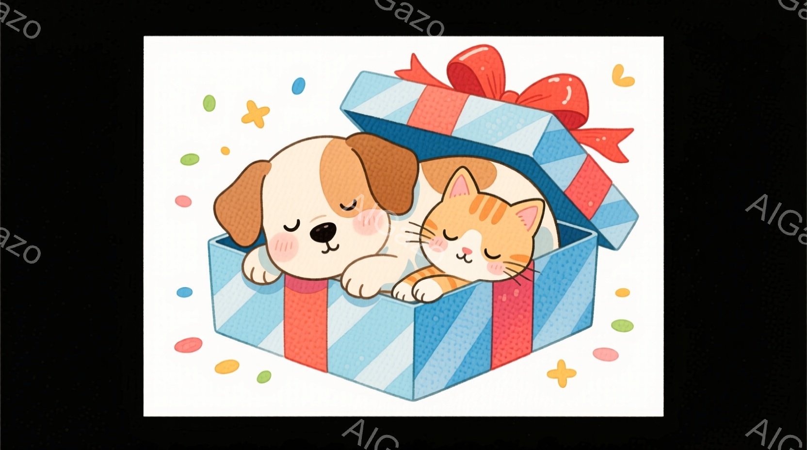 箱の中に子犬と子猫が寄り添って眠っています。子犬は茶色と白の毛並みで、子猫はオレンジ色の縞模様です。箱は水色で赤いリボンがついており、周囲にはパステルカラーの小さな斑点が散りばめられており、全体的に穏 - AI生成フリー素材