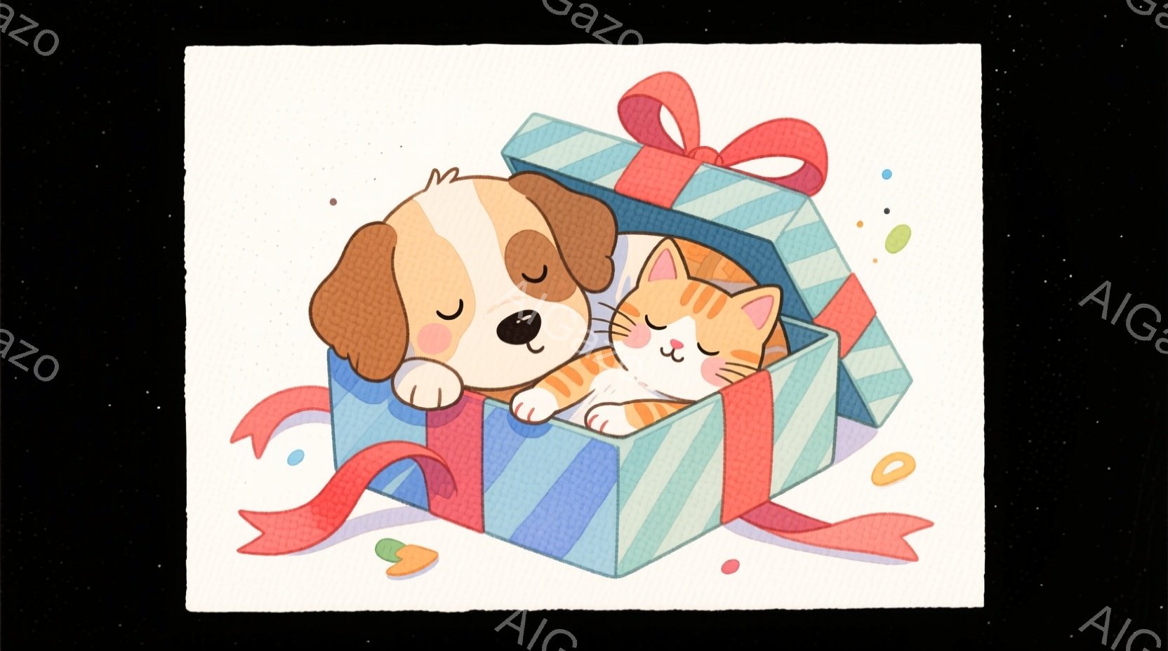 箱の中に、眠っている子犬と猫が寄り添っています。子犬は茶色と白の毛並みで、猫はオレンジと白のしま模様です。箱は水色で赤いリボンで結ばれており、周囲にはカラフルな紙吹雪が舞っています。