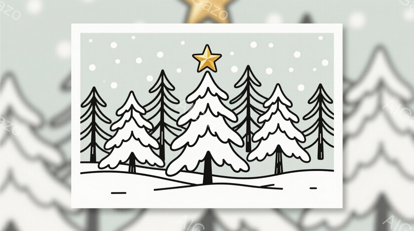 針葉樹のグループが雪景色の中に描かれており、一番中央の木には星が輝いています。雪は細かく、背景全体を覆っており、冬の静けさと安らぎの雰囲気を醸し出しています。シンプルな線画で描かれ、モノクロームと星のゴールドが印象的です。