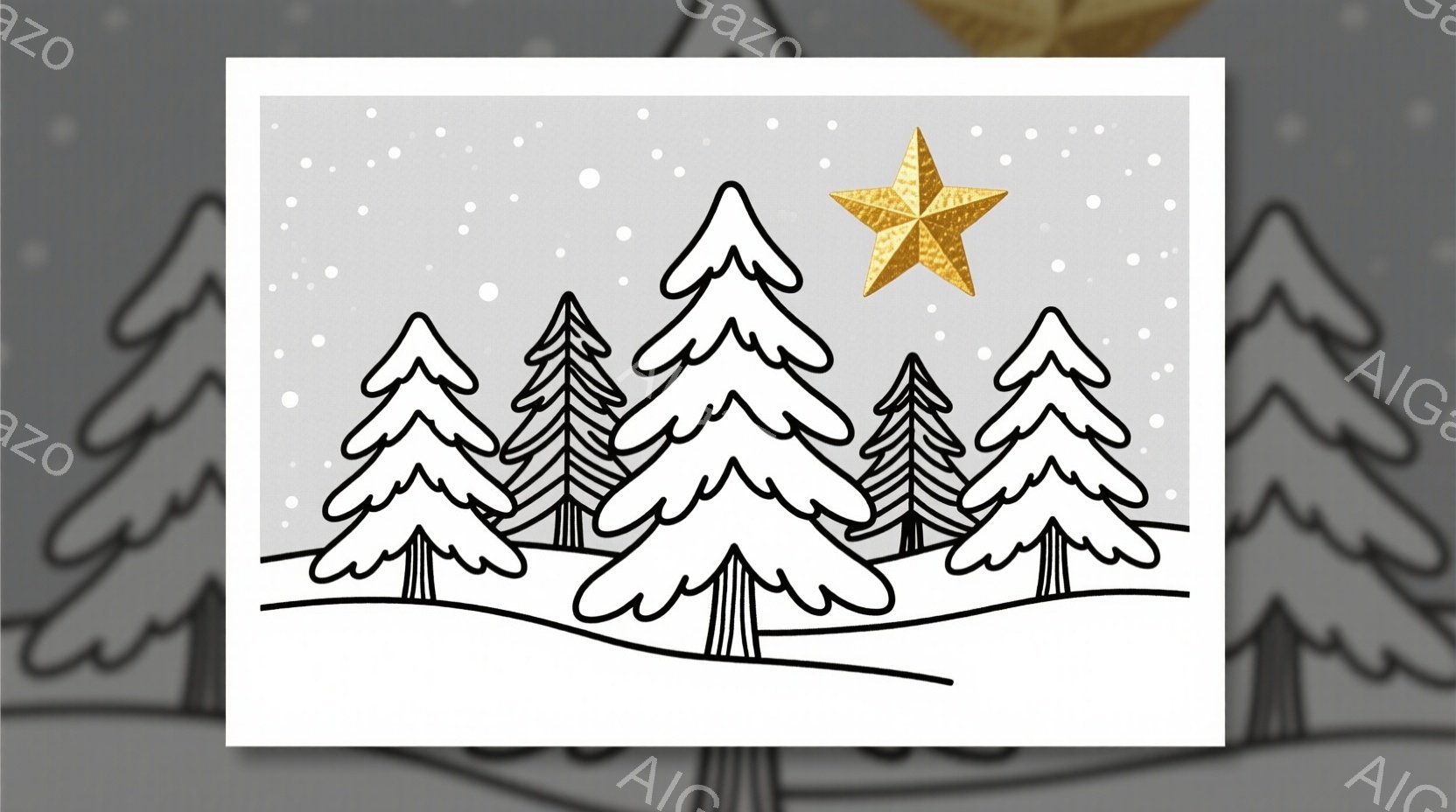 白い雪景色の中に、黒い輪郭で描かれた針葉樹の群生が広がっています。画面上部には、明るい黄金色の星が輝き、雪が舞う冬の夜空を暗示しています。シンプルな線画でありながら、静寂と安らぎを感じさせる冬の風景です。