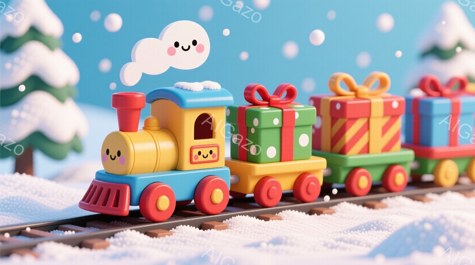 青い線路の上を、カラフルなプレゼントの貨車が連なった列車が走っています。機関車は黄色と青で、大きな笑顔と可愛らしい表情をしています。背景には雪の降る冬の風景が広がり、クリスマスツリーのシルエットが見え、全体的に温かく、お祝いの雰囲気が漂っています。
