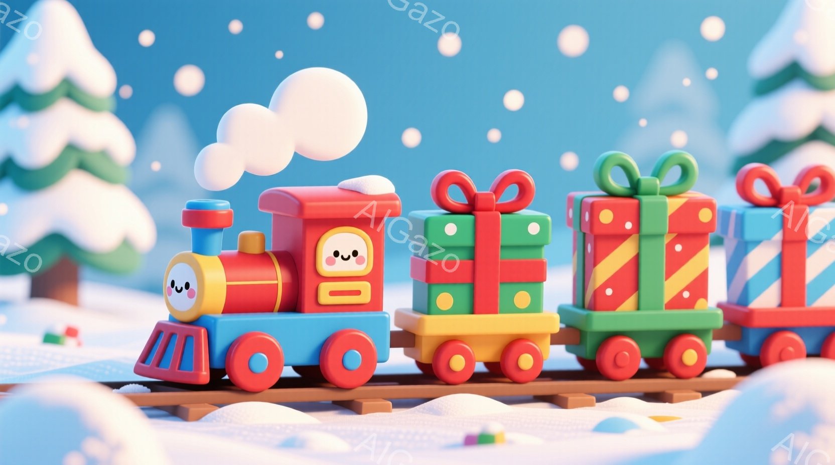 明るい青色の線路の上を、赤い機関車とプレゼント箱で構成された列車が走っています。背景には雪景色が広がり、針葉樹が雪を被せて立っています。全体的に暖かく、お祝いムードにあふれた、クリスマスの雰囲気を醸し出しています。