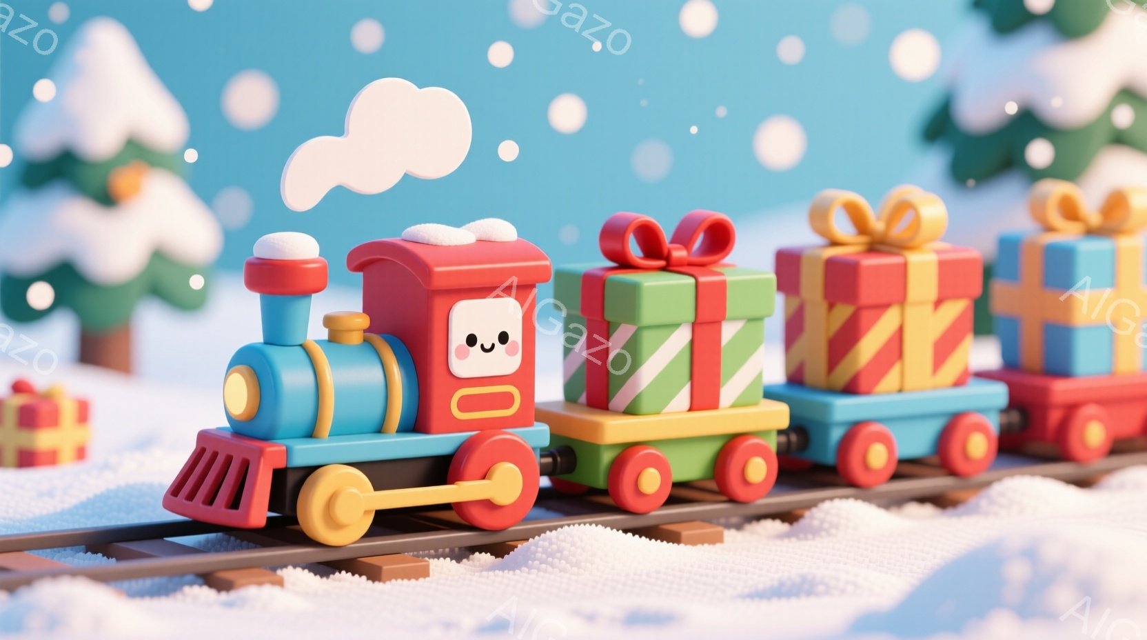 カラフルな蒸気機関車が雪景色の中を走っています。機関車は青色で、各車両には赤、緑、青のギフトボックスが積まれており、雪が降り積もる背景には緑の木々が見えます。全体的に温かく、お祝いムードにあふれたクリ - AI生成フリー素材